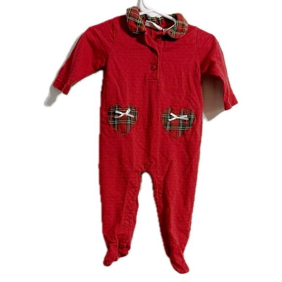 Cozy Red Footie One Piece with Plaid Collar - Picture 1 of 5